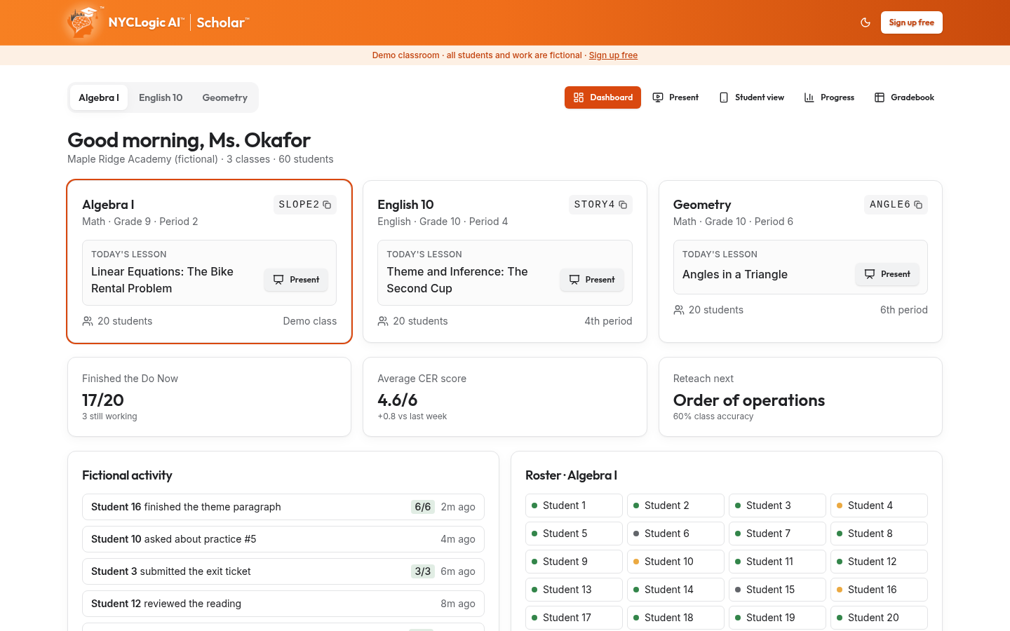 Actual orange Scholar Algebra I demo dashboard showing incoming classroom activity