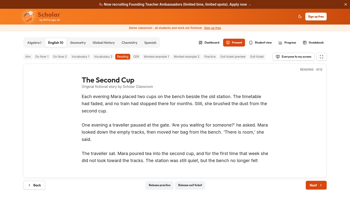 Actual orange Scholar fictional demo — English 10 close reading: The Second Cup
