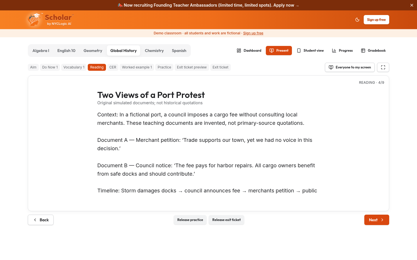 Actual orange Scholar fictional demo — Global History simulated source analysis
